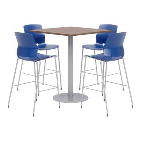 Kfi KFI 36" Square Bistro Table & 4 Barstool Set, Teak Table With Navy Stools OLTFL36SQ-B1922-SL-41-7960K-4-OL2700BR-
